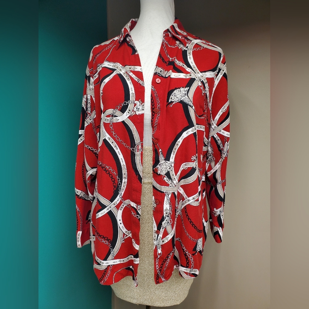 Chico's Women's collared button up blouse size 2/L Red, black and white pattern